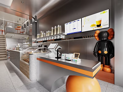 Modern Milk Tea Shop Interior With Counter Display And Digital Menus 3d model