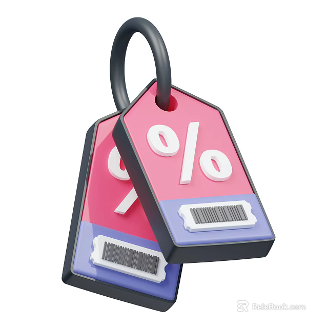 Decorative Ornament Set With Two Pink Blue Price Tags Featuring Percentage Symbols And Barcodes 3d model 