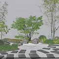 Serene Garden Landscape With Stone Pathway Raked Gravel Trees And Lush Plants