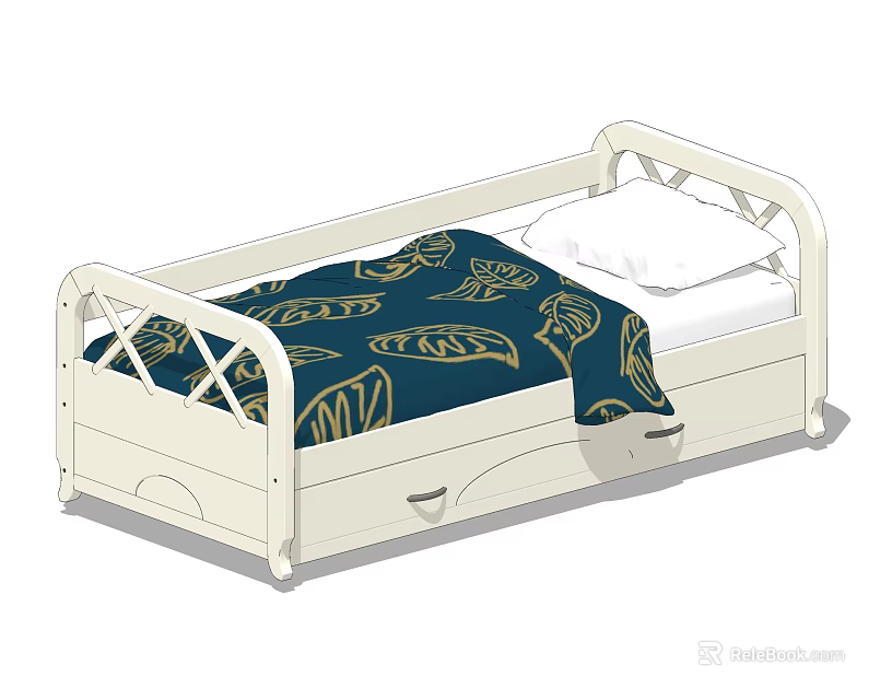 White Kids Bed With Guardrails Blue Quilt Gold Leaf Pattern And Drawers 3d model 