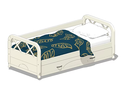 White Kids Bed With Guardrails Blue Quilt Gold Leaf Pattern And Drawers 3d model