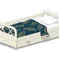 White Kids Bed With Guardrails Blue Quilt Gold Leaf Pattern And Drawers
