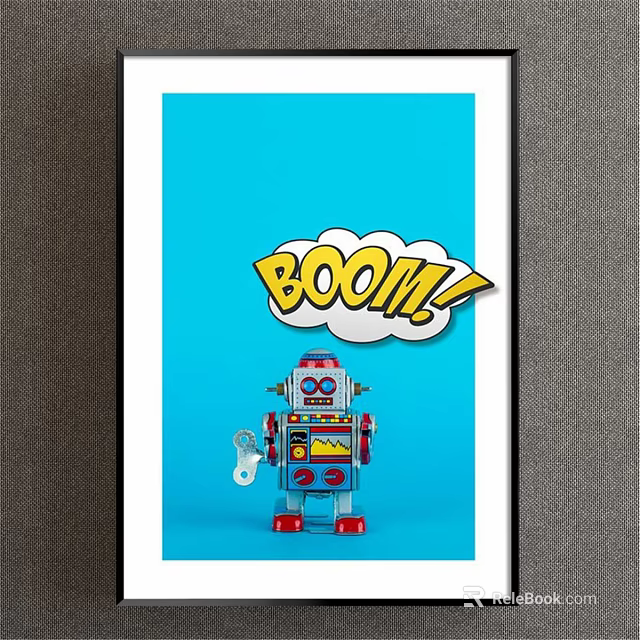 Vintage Robot Toy With Boom Speech Bubble On Blue Background And Red Feet 3d model 