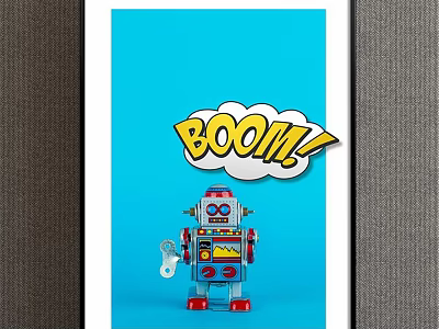 Vintage Robot Toy With Boom Speech Bubble On Blue Background And Red Feet 3d model