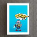 Vintage Robot Toy With Boom Speech Bubble On Blue Background And Red Feet