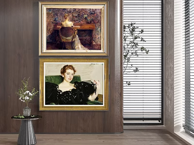 Interior Wall Decor Two Gold Framed Paintings Wooden Wall Side Table Vase Plant Window Blinds 3d model