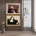 Interior Wall Decor Two Gold Framed Paintings Wooden Wall Side Table Vase Plant Window Blinds