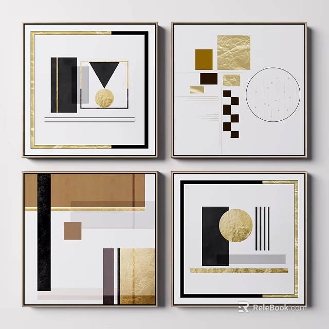 Abstract Geometric Wall Art With Gold Black White Brown Patterns And Frames 3d model