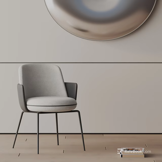 Modern Upholstered Gray Dining Chair With Black Metal Legs And Circular Wall Decor 3d model 