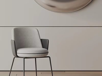 Modern Upholstered Gray Dining Chair With Black Metal Legs And Circular Wall Decor 3d model