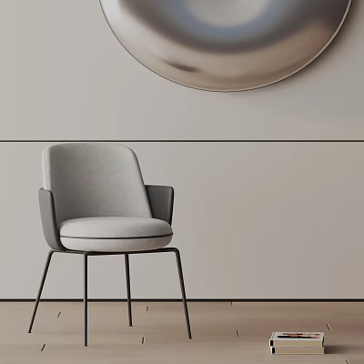 Modern Upholstered Gray Dining Chair With Black Metal Legs And Circular Wall Decor 3d model