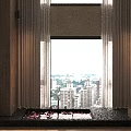 Modern Bathroom Interior Featuring Black Bathtub Pink Petals Metal Chandelier Window Street View Green Plant