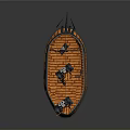 Vintage Pirate Ship As Water Transport With Orange Hull Black Skull Flags And Wooden Deck