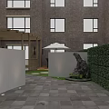 Garden Landscape Design With Green Grass Wooden Railing Circular Stone Pavers And Outdoor Umbrella