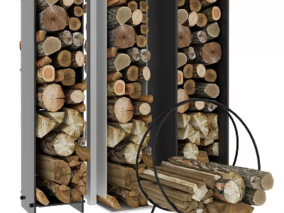 Stone And Wood Firewood Storage Rack With Neatly Stacked Logs And Metal Frame Holder 3d model