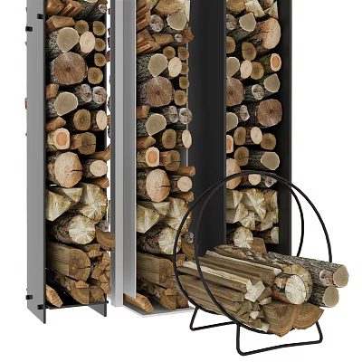 Stone And Wood Firewood Storage Rack With Neatly Stacked Logs And Metal Frame Holder 3d model