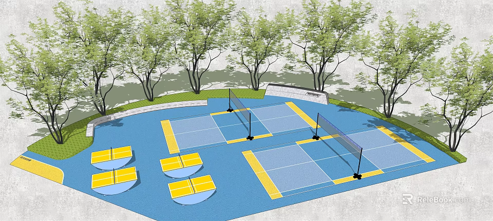 Outdoor Fitness Badminton Courts With Yellow Lines Trees And Benches Area 3d model 
