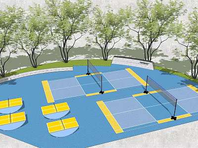 Outdoor Fitness Badminton Courts With Yellow Lines Trees And Benches Area 3d model