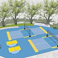 Outdoor Fitness Badminton Courts With Yellow Lines Trees And Benches Area