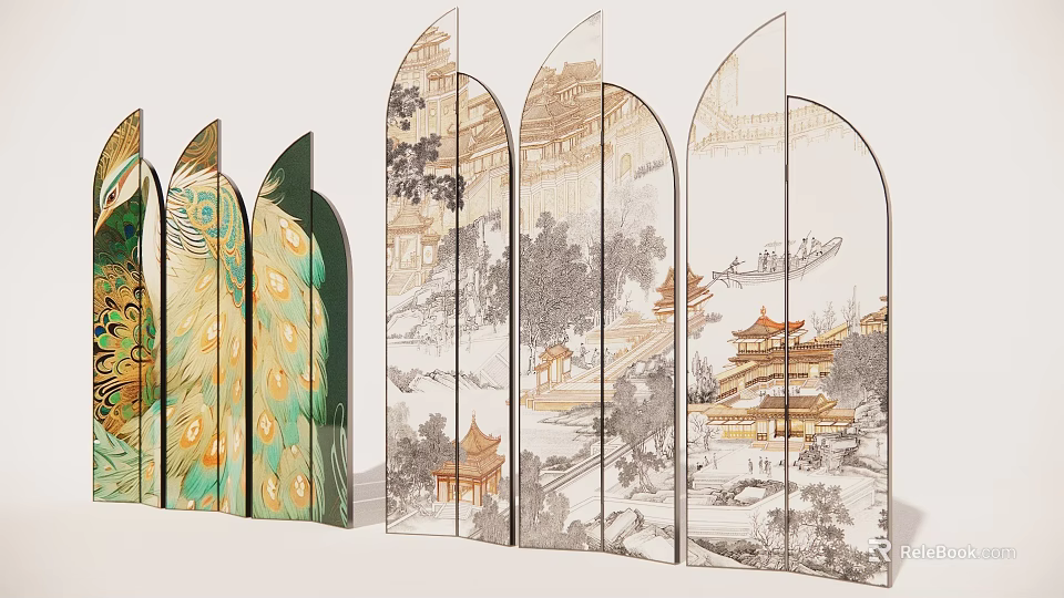 Chinese Style Decorative Screen Featuring Peacock Patterns and Landscape Architecture Paintings 3d model