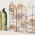 Chinese Style Decorative Screen Featuring Peacock Patterns and Landscape Architecture Paintings 3d model