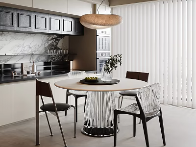 Modern Restaurant Interior With Round Dining Table Chairs Pendant Light And Marble Countertop 3d model