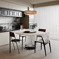Modern Restaurant Interior With Round Dining Table Chairs Pendant Light And Marble Countertop