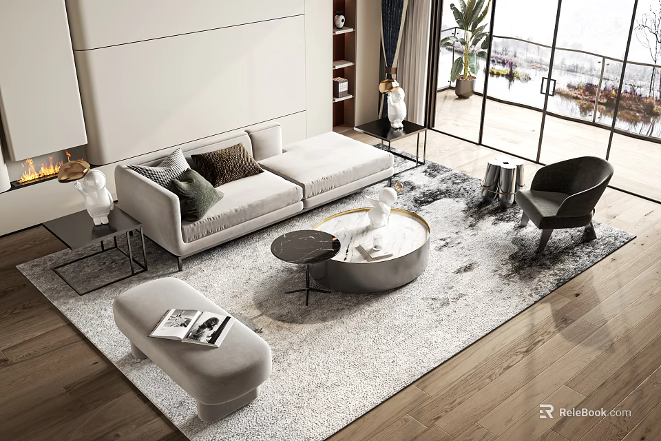 Modern Fabric Sofa And Coffee Table Set With Beige Area Rug Ottoman And Large Window View 3d model 