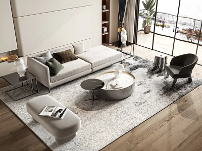 Modern Fabric Sofa And Coffee Table Set With Beige Area Rug Ottoman And Large Window View 3d model