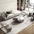 Modern Fabric Sofa And Coffee Table Set With Beige Area Rug Ottoman And Large Window View