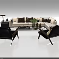 Modern Beige Sofa Coffee Table Combination With Black Armchairs And Decorative Items 3d model