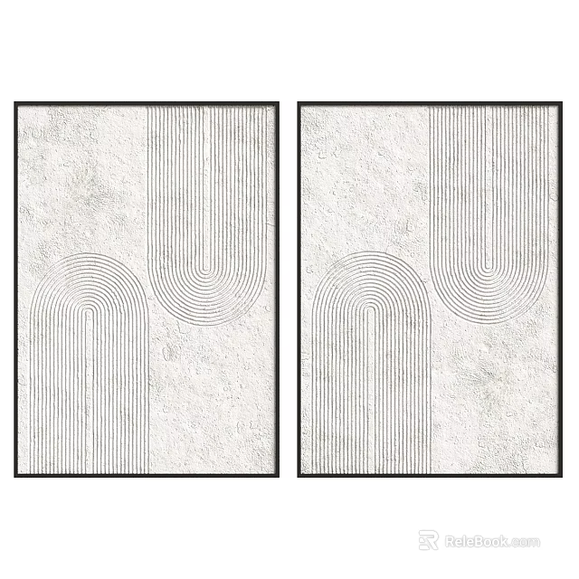 Two Panel Abstract Painting With Geometric Lines And Curved Shapes On Textured Background 3d model 