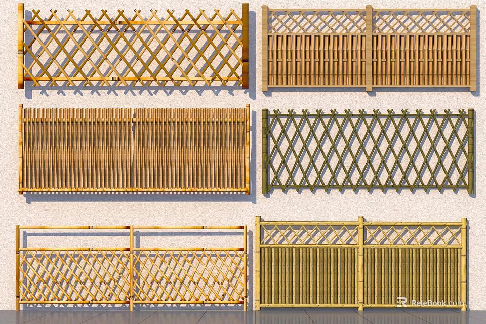 Various Bamboo Fence Designs With Diamond Grilles Vertical Slats And Patterns 3d model 