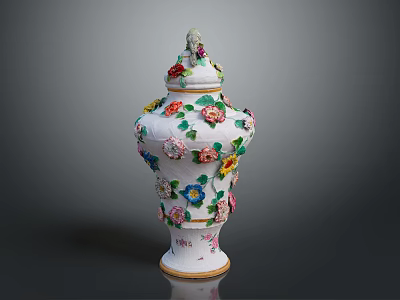 Artistic Sculpted Porcelain Urn with Intricate Colorful Floral Carvings and Ornate Top Decoration 3d model