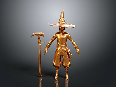 Golden Wizard Statue With Scythe Shaped Staff And Robe Details 3d model
