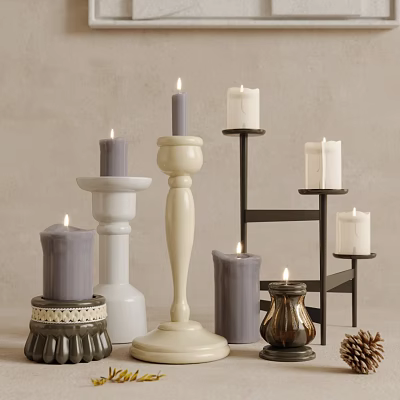 Diverse Design Candle Holders in Gray White Black Brown with Tall Stands Multi tiered Structures 3d model