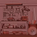 Hardware Tools Organized on Wooden Workbench with Tool Rack Toolboxes and Wooden Planks in Workshop