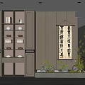 Traditional Store Front Desk with Wooden Shelves LED Strip Lighting and Decorative Plant