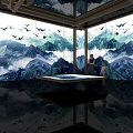 Immersive Art Space With Mountain Water Murals Flying Birds Central Long Table And Visitors