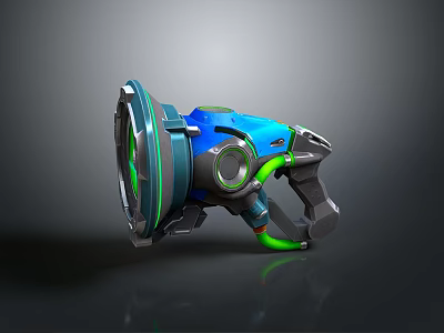Futuristic Blue and Green Sci Fi Weapon Featuring Mechanical Details and Ergonomic Grip 3d model