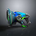 Futuristic Blue and Green Sci Fi Weapon Featuring Mechanical Details and Ergonomic Grip