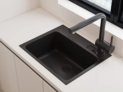 Stylish Black Quartz Kitchen Sink With Modern Faucet On White Countertop 3d model