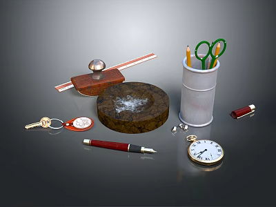 Assorted Daily Objects With Keys Red Pen Ruler Metal Ball Scissors Pencils And Pocket Watch 3d model