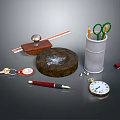 Assorted Daily Objects With Keys Red Pen Ruler Metal Ball Scissors Pencils And Pocket Watch