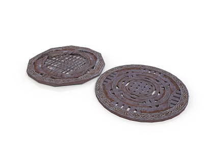 Two Brown Ornate Coasters With Intricate Carved Circular And Polygonal Patterns 3d model