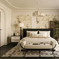 Cozy Elegant Bedroom With Patterned Wallpaper Nightstand Table Lamp Bed Bench Potted Plant And Rug