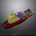 Cargo Ship with Red and Yellow Hull Equipped with Containers and Crane