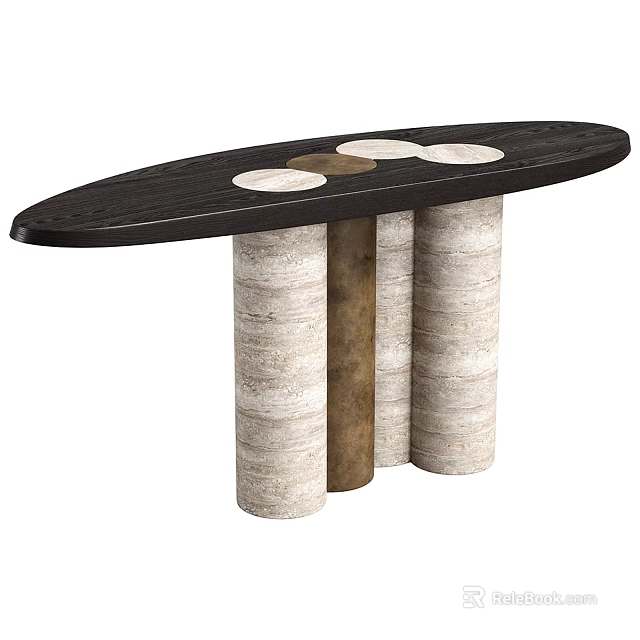 Entryway Console Table With Black Tabletop Round White Decorations Light Textured Legs And Brown Support 3d model