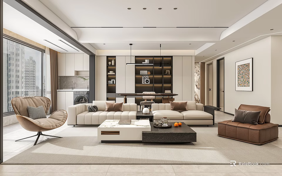 Spacious Modern Living Room With Beige Sofa Brown Chair Coffee Table Pendant Light And Artwork 3d model 