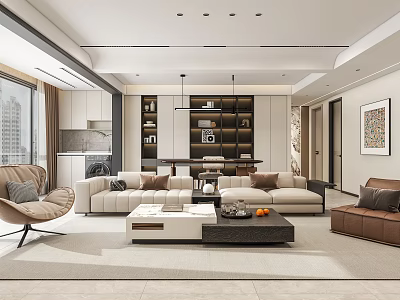 Spacious Modern Living Room With Beige Sofa Brown Chair Coffee Table Pendant Light And Artwork 3d model